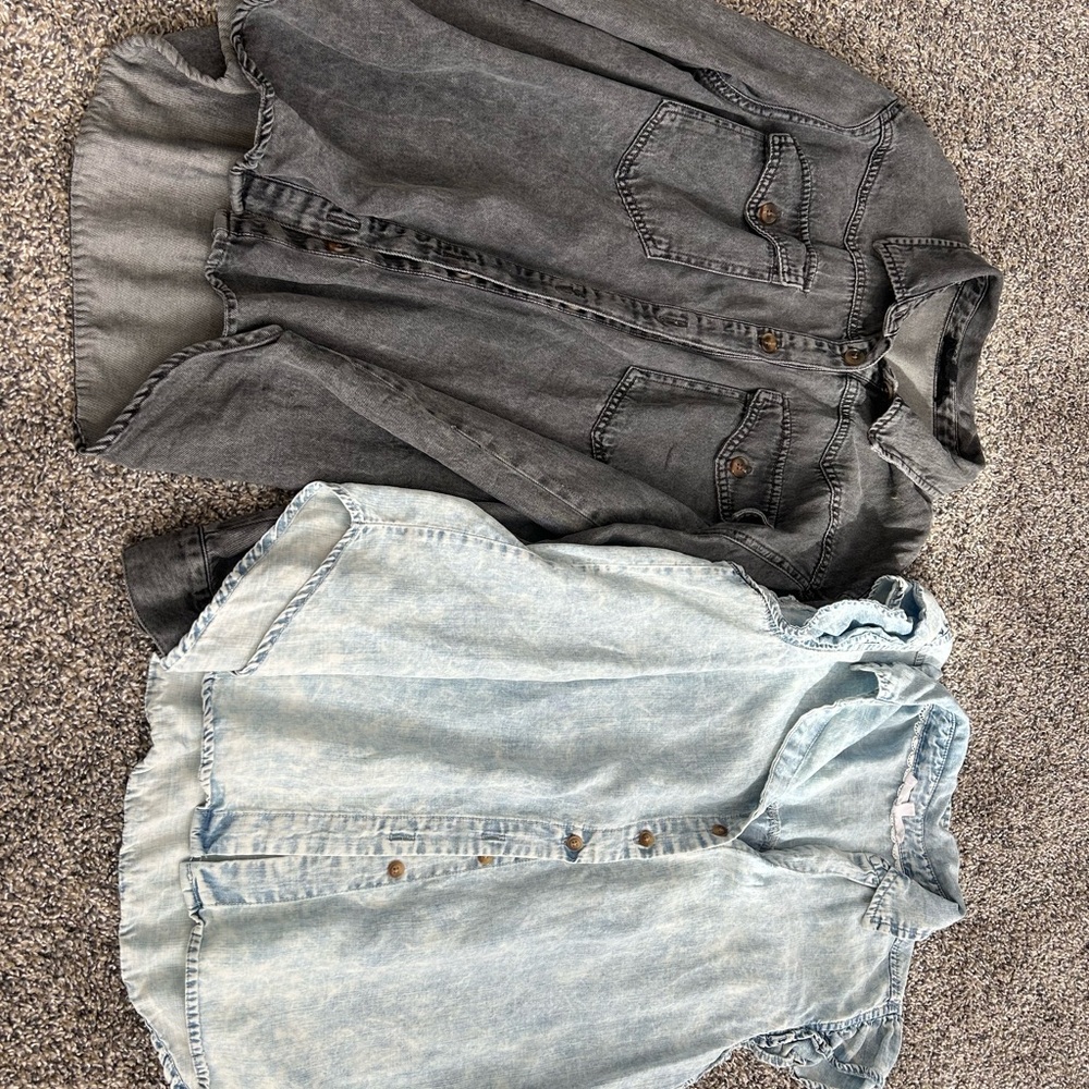 Two Denim Button-Up Shirts - Light Wash + Charcoal